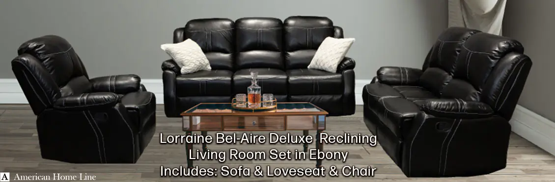 Lorraine Bel-Aire Deluxe Reclining Livingroom Set in Ebony Includes: Sofa, Loveseat, Chair  - Click for more details