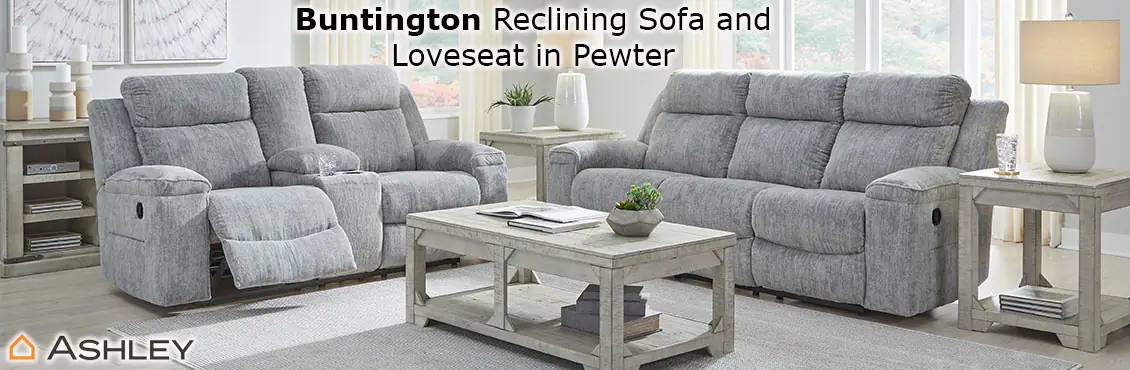 Buntington Reclining Sofa and Loveseat in Pewter