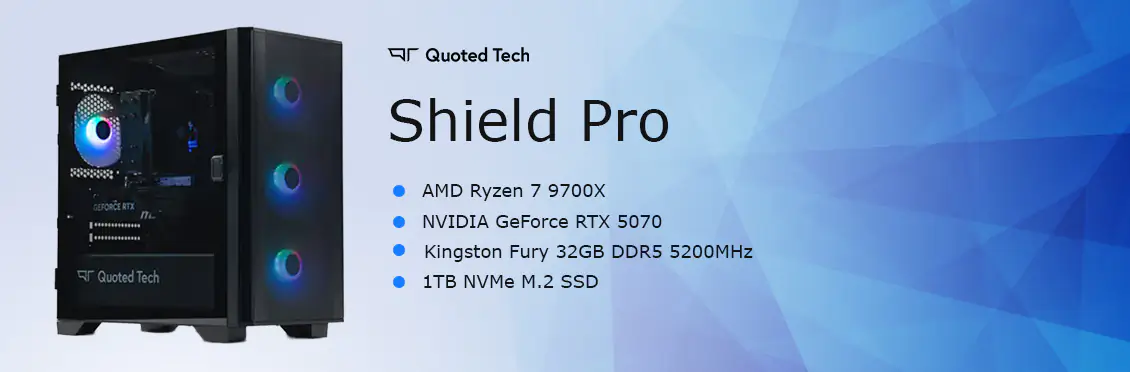 QT Shield Pro RTX 5070 Desktop Gaming Tower (R7-9700X/32GB/1TB/Win 11P)  - Click for more details