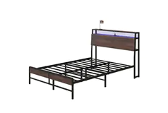 Full Size Bed Frame w/ LED Lights, Charging Station, Storage, Walnut - Click for more details