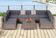 All-Weather Modern Wicker Patio Sectional Sofa Set – Cushions & Table - Click for more details