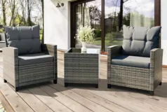 3-Piece Wicker Patio Set, High-Back Chairs, Grey Cushions, Glass Table - Click for more details
