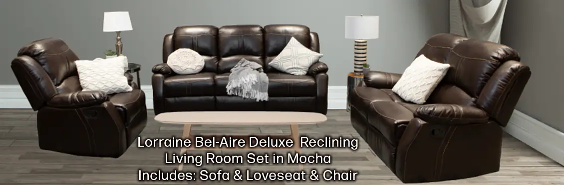 Lorraine Bel-Aire Deluxe Reclining Set in Mocha Includes: Sofa, Loveseat, Chair  - Click for more details
