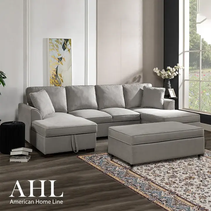 Sophia Double Storage Chaise Sectional in Gray Chenille with Ottoman