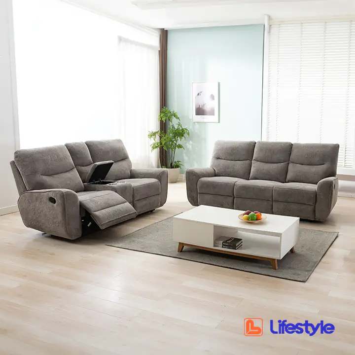 Plush Reclining Sofa and Loveseat in Oatmeal by Lifestyle