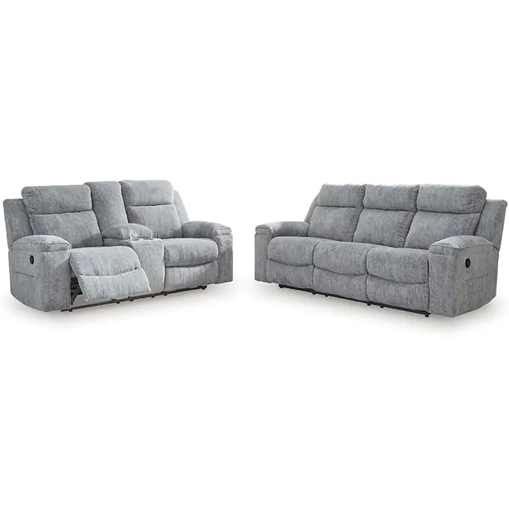 Buntington Reclining Sofa and Loveseat in Pewter