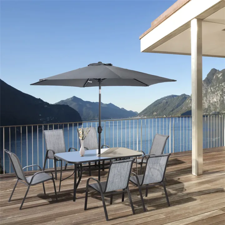 8-Piece Outdoor Dining Set with Umbrella – Stackable Chairs & Glass Ta