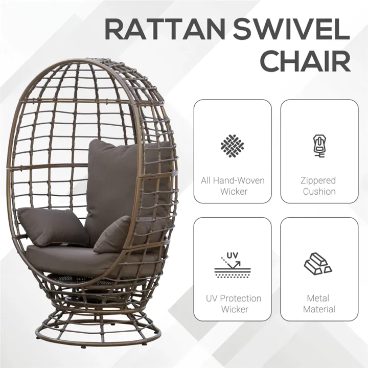 360° Wicker Egg Chair – Indoor/Outdoor Boho Basket Seat with Cushions