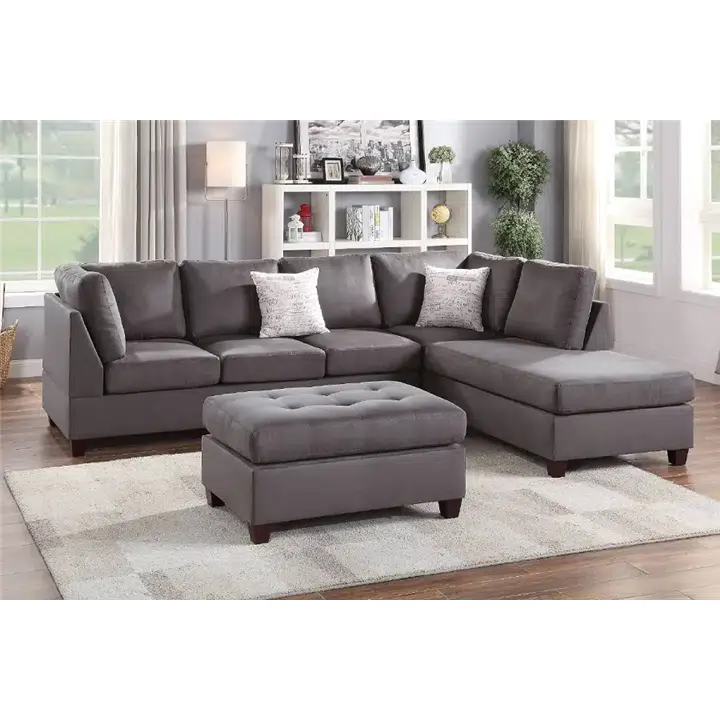 Sion 3 Piece Reversible Sectional with Ottoman in Grey Microfiber