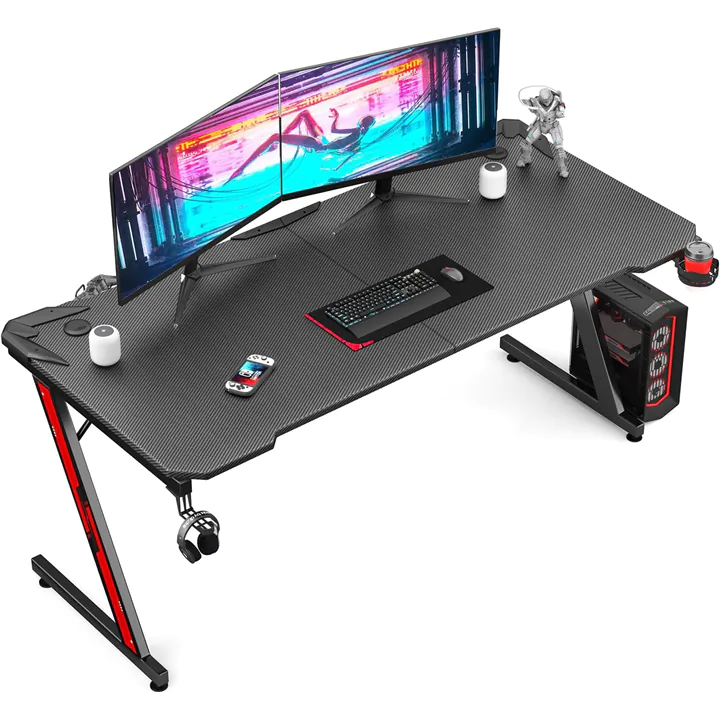 Spacious 63' Pro Gamer Z-Shaped Desk – Carbon Fiber, Cup Holder, Headp