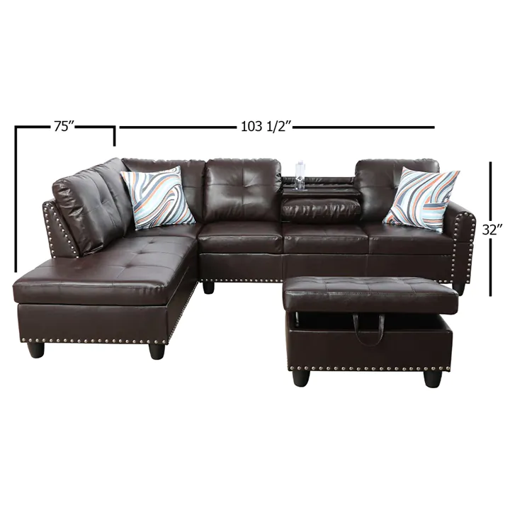 Comfortable 3-Piece Faux Leather Sectional Sofa – Solid Wood Frame, Br