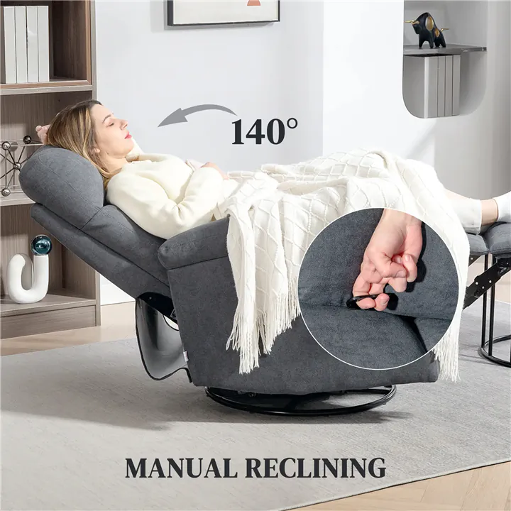 Manual Swivel Rocker Recliner Chair with Linen Fabric & Extra Padding