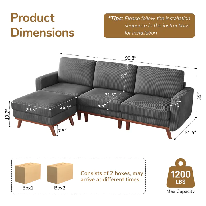 Elegant Corduroy Sectional with Movable Ottoman & Solid Wood Frame