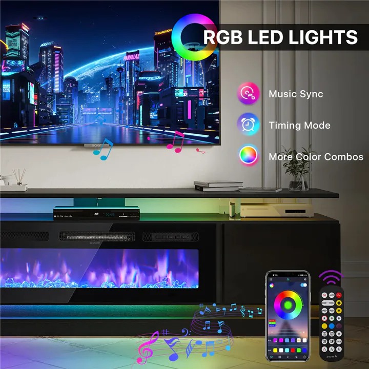 Modern 70' TV Stand for TVs up to 80' with Electric Fireplace & Shelve