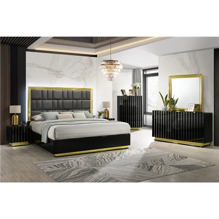 Vladivostok 4-Piece Queen Size Bed in Black with Gold Accent