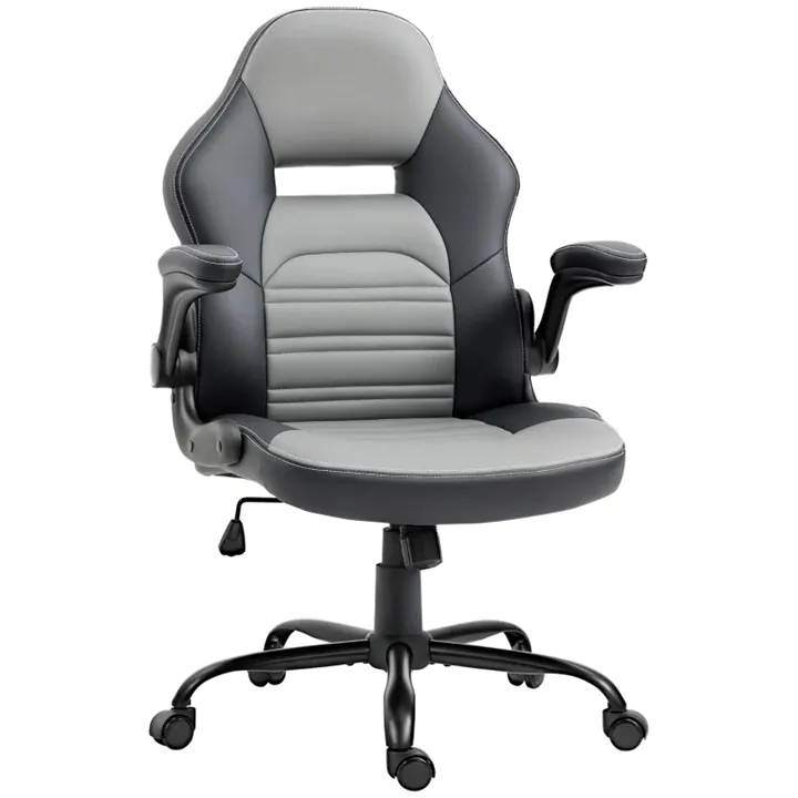 PU Leather Gaming Chair with Flip-up Armrests, Height Adjustable, Gray