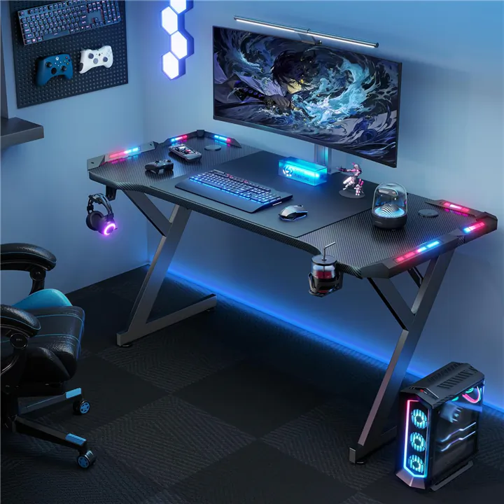 Extra-Wide 63' Gaming Desk with LED Lights – Carbon Fiber Top