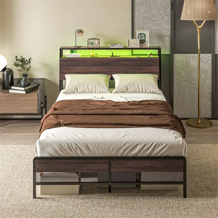 Full Size Bed Frame w/ LED Lights, Charging Station, Storage, Walnut