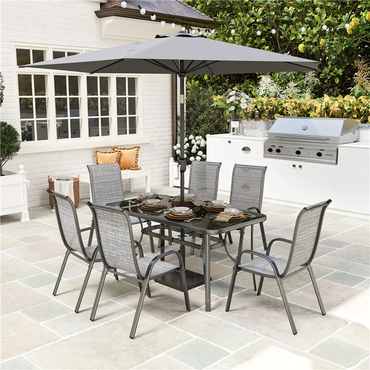 6-Seat Outdoor Dining Set, Tilting Umbrella, All-Weather Mesh Chairs