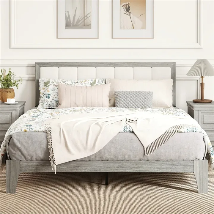 Queen Bed Frame with Headboard, Wooden Slats No Box Spring Needed,Gray