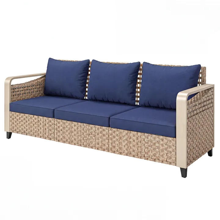Outdoor Rattan Sofa for 3 – Plush Cushions & Heavy-Duty Frame