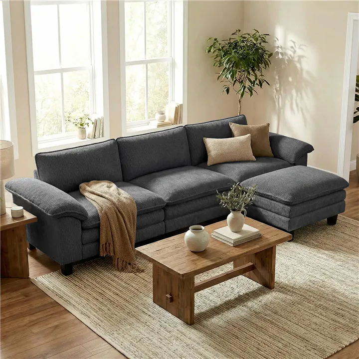Modern L-Shape Sectional Sofa, Deep Seat, Pillow Armrests, Ottoman