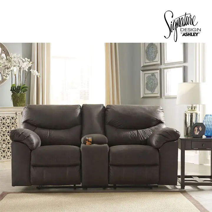 Ashley Boxberg Double Reclining Loveseat with Console in Teak