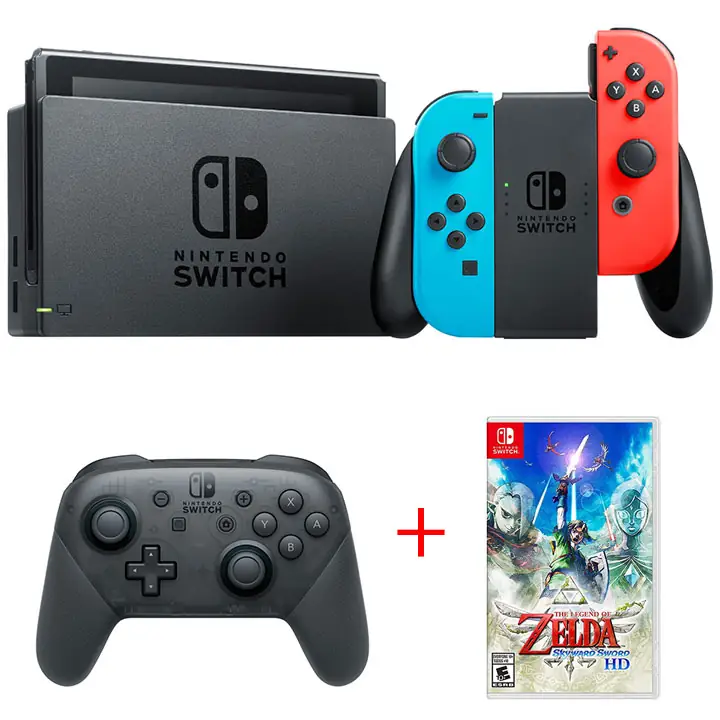 Nintendo Switch Red/Blue Console, Pro Controller + Zelda Game Bundle